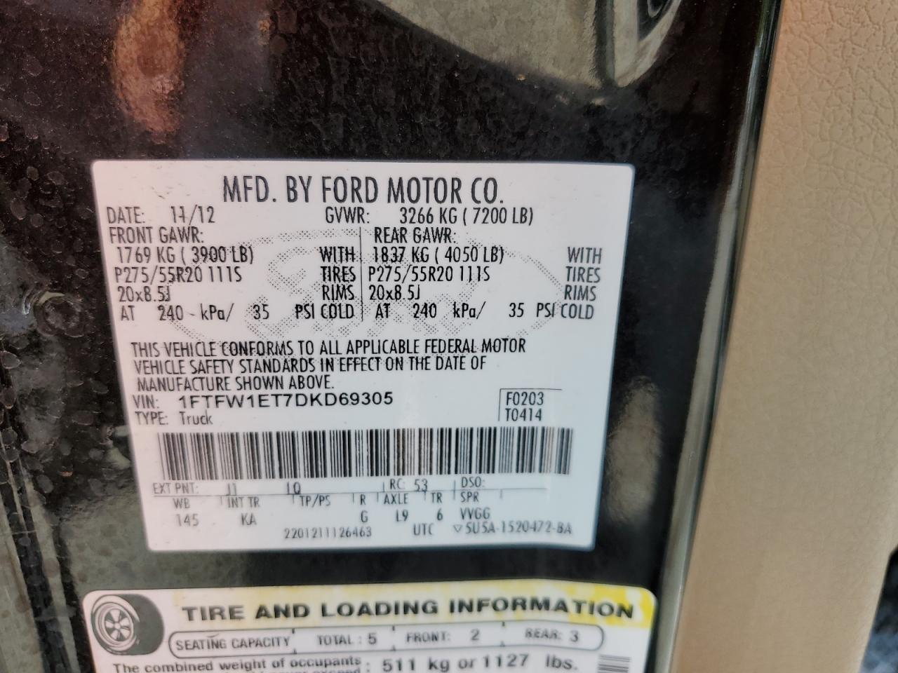 1FTFW1ET7DKD69305 2013 Ford F150 Supercrew