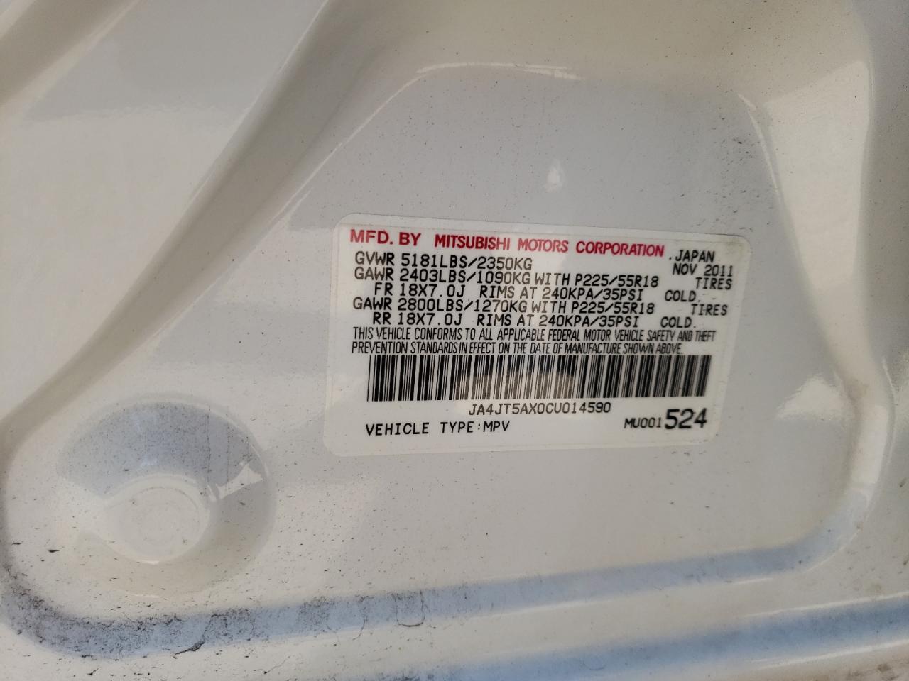 JA4JT5AX0CU014590 2012 Mitsubishi Outlander Gt