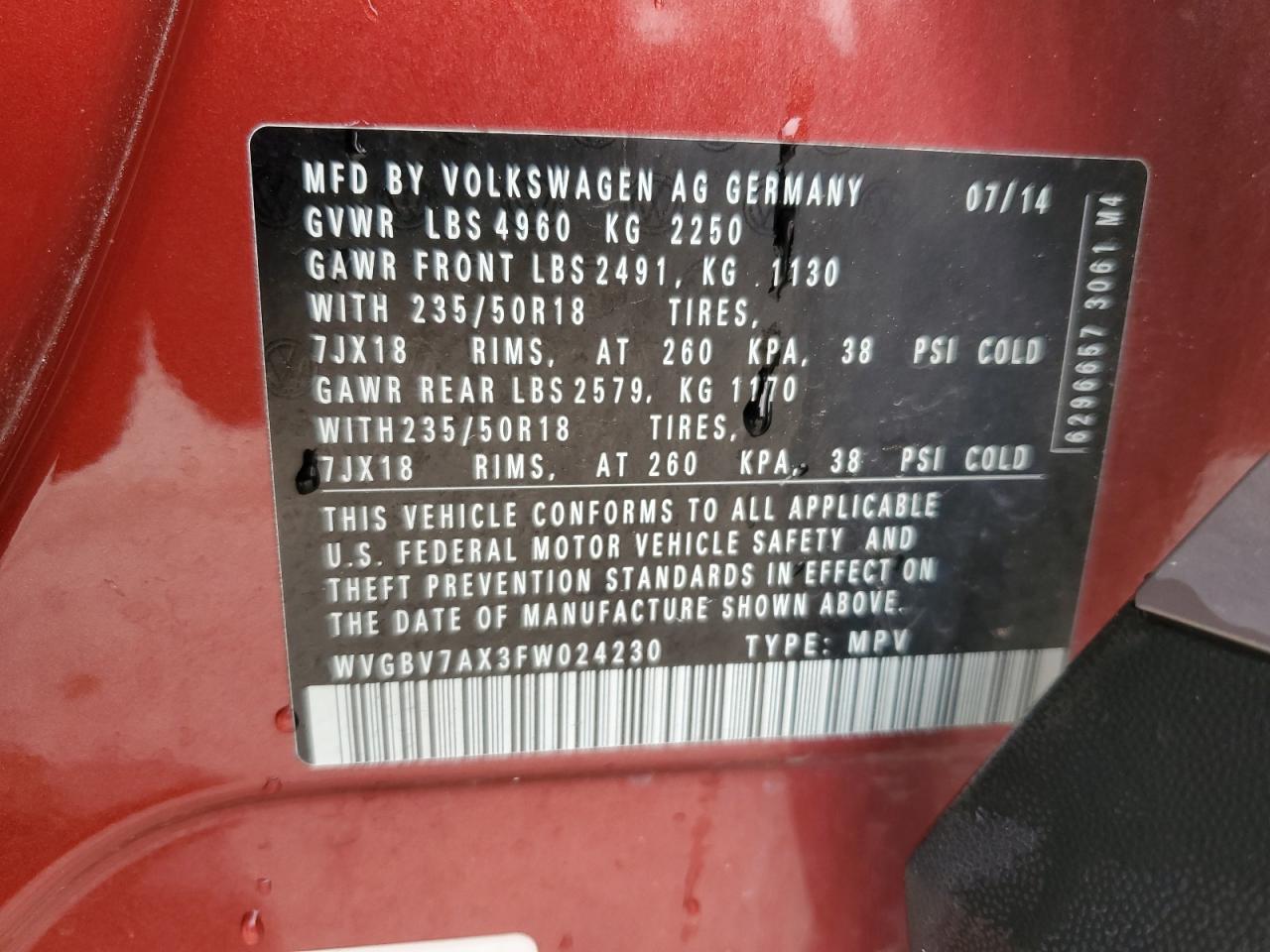 WVGBV7AX3FW024230 2015 Volkswagen Tiguan S