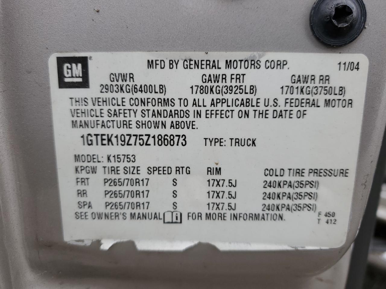 1GTEK19Z75Z186873 2005 GMC New Sierra K1500