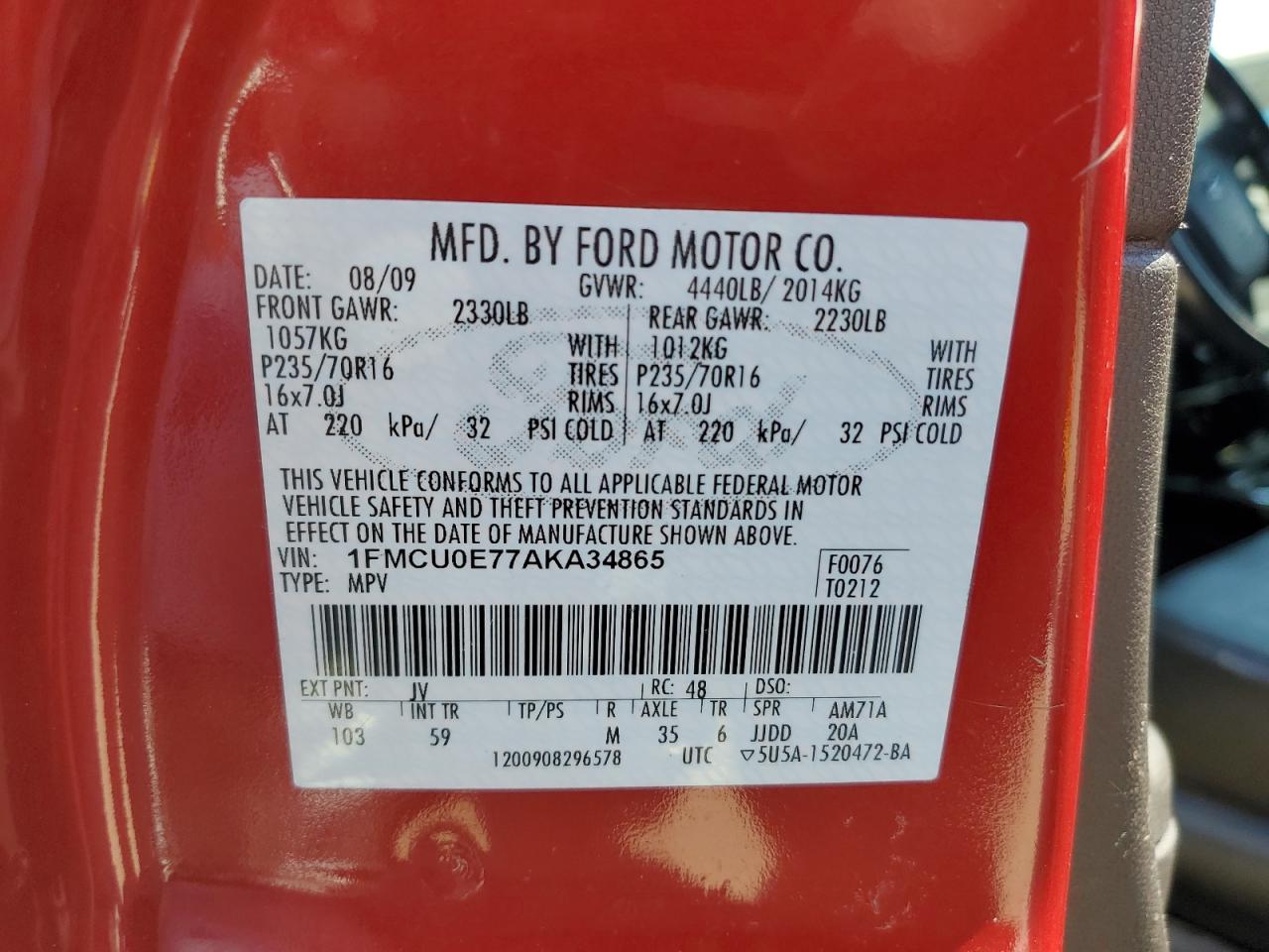 1FMCU0E77AKA34865 2010 Ford Escape Limited