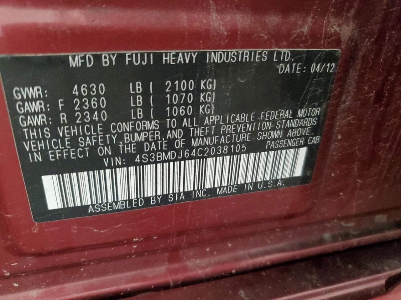 4S3BMDJ64C2038105 2012 Subaru Legacy 3.6R Limited