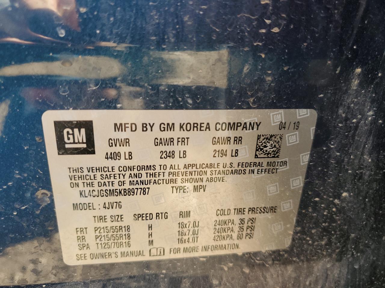 KL4CJGSM5KB897787 2019 Buick Encore Essence