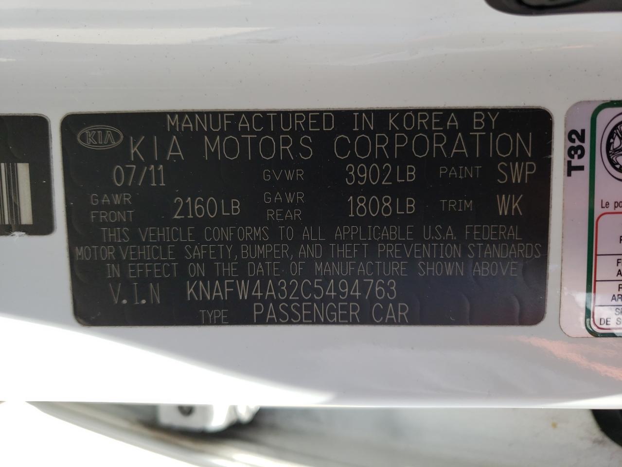 KNAFW4A32C5494763 2012 Kia Forte Sx