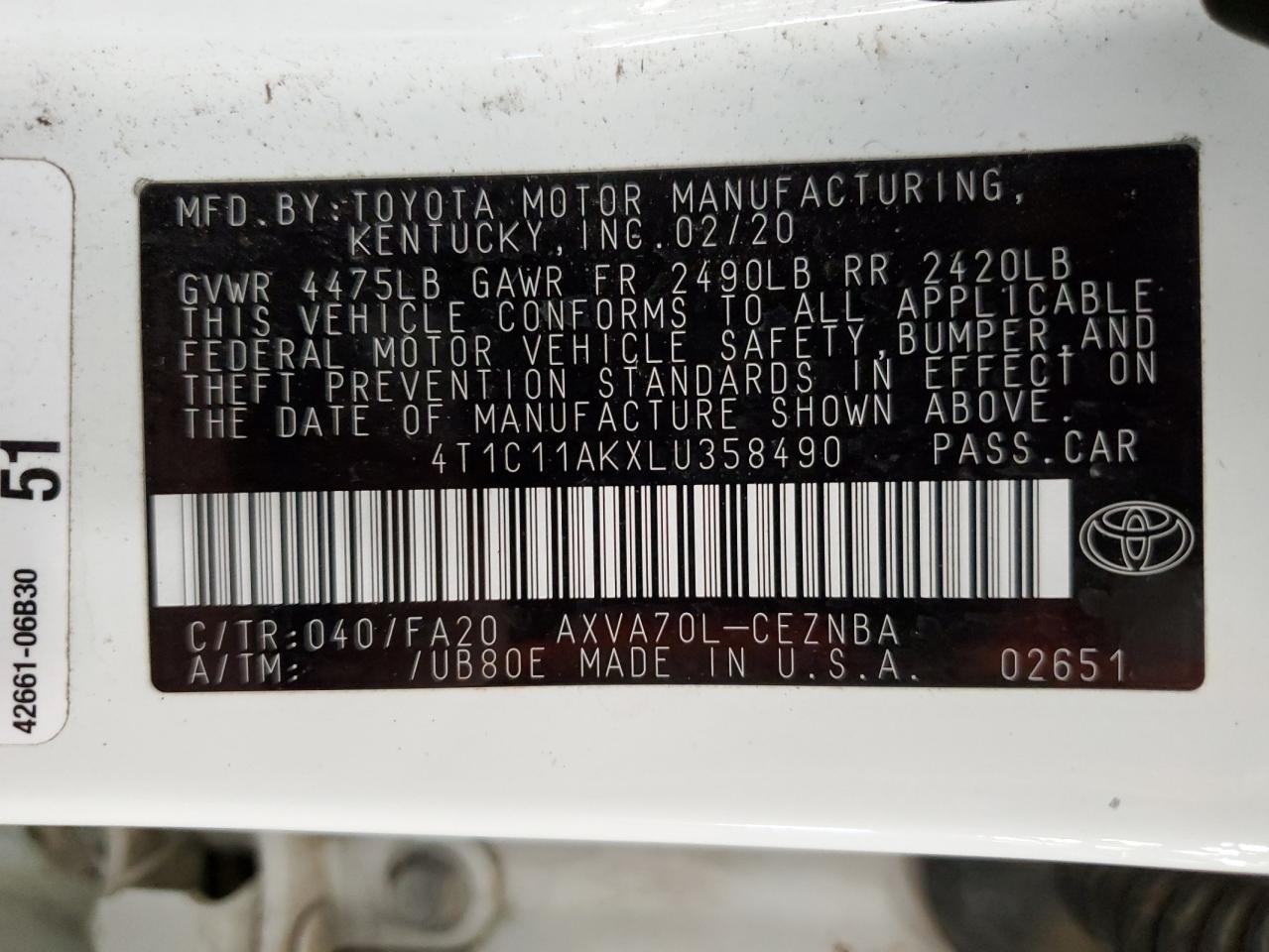 4T1C11AKXLU358490 2020 Toyota Camry Le