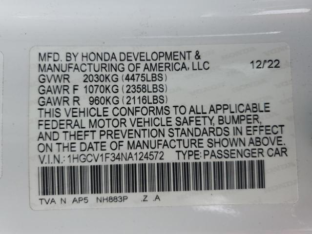 2022 Honda Accord Sport VIN: 1HGCV1F34NA124572 Lot: 55633564