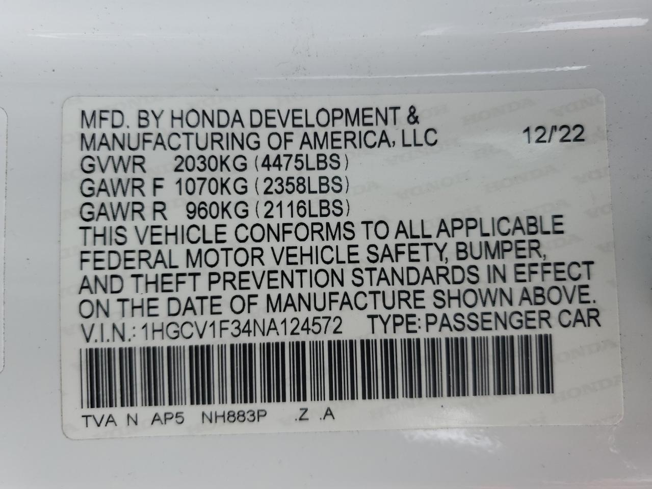 1HGCV1F34NA124572 2022 Honda Accord Sport