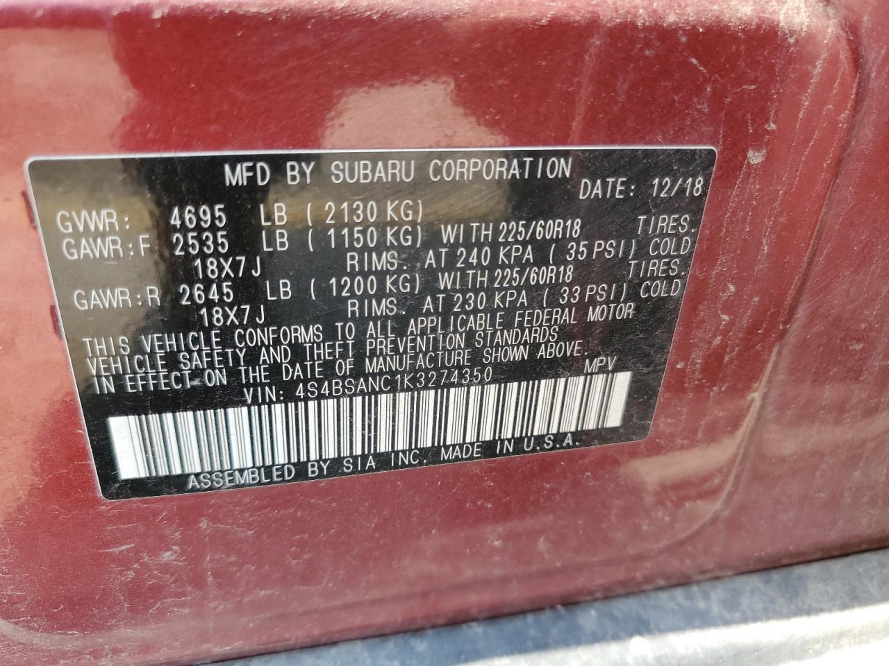 4S4BSANC1K3274350 2019 Subaru Outback 2.5I Limited