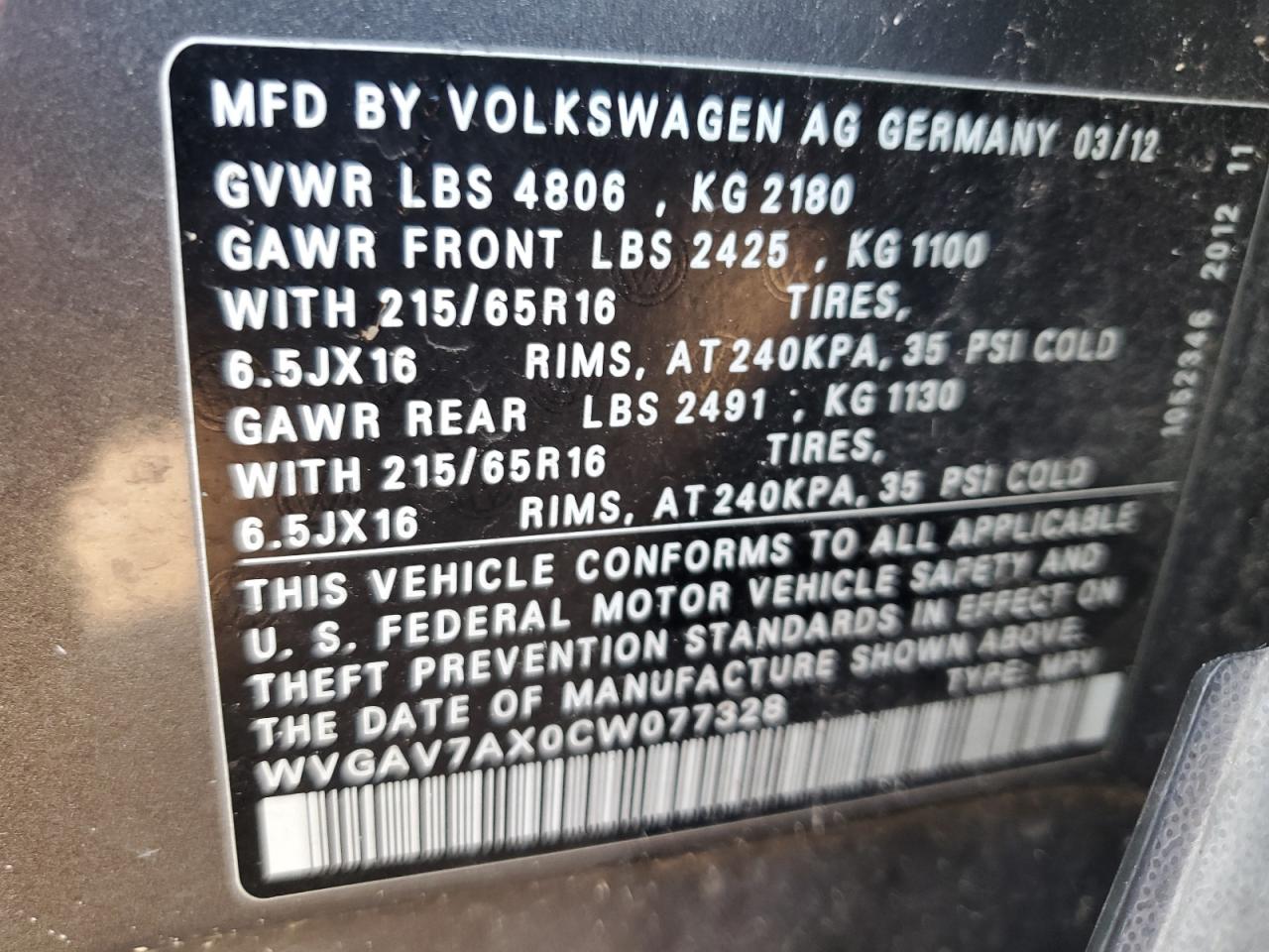 WVGAV7AX0CW077328 2012 Volkswagen Tiguan S