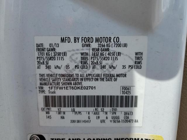 2013 Ford F150 Supercrew VIN: 1FTFW1ET6DKE02701 Lot: 54924684