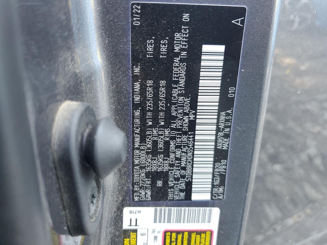 5TDBBRCH0NS546441 2022 Toyota Highlander Hybrid Le