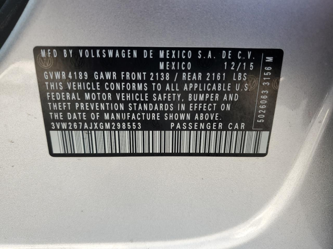 3VW267AJXGM298553 2016 Volkswagen Jetta S