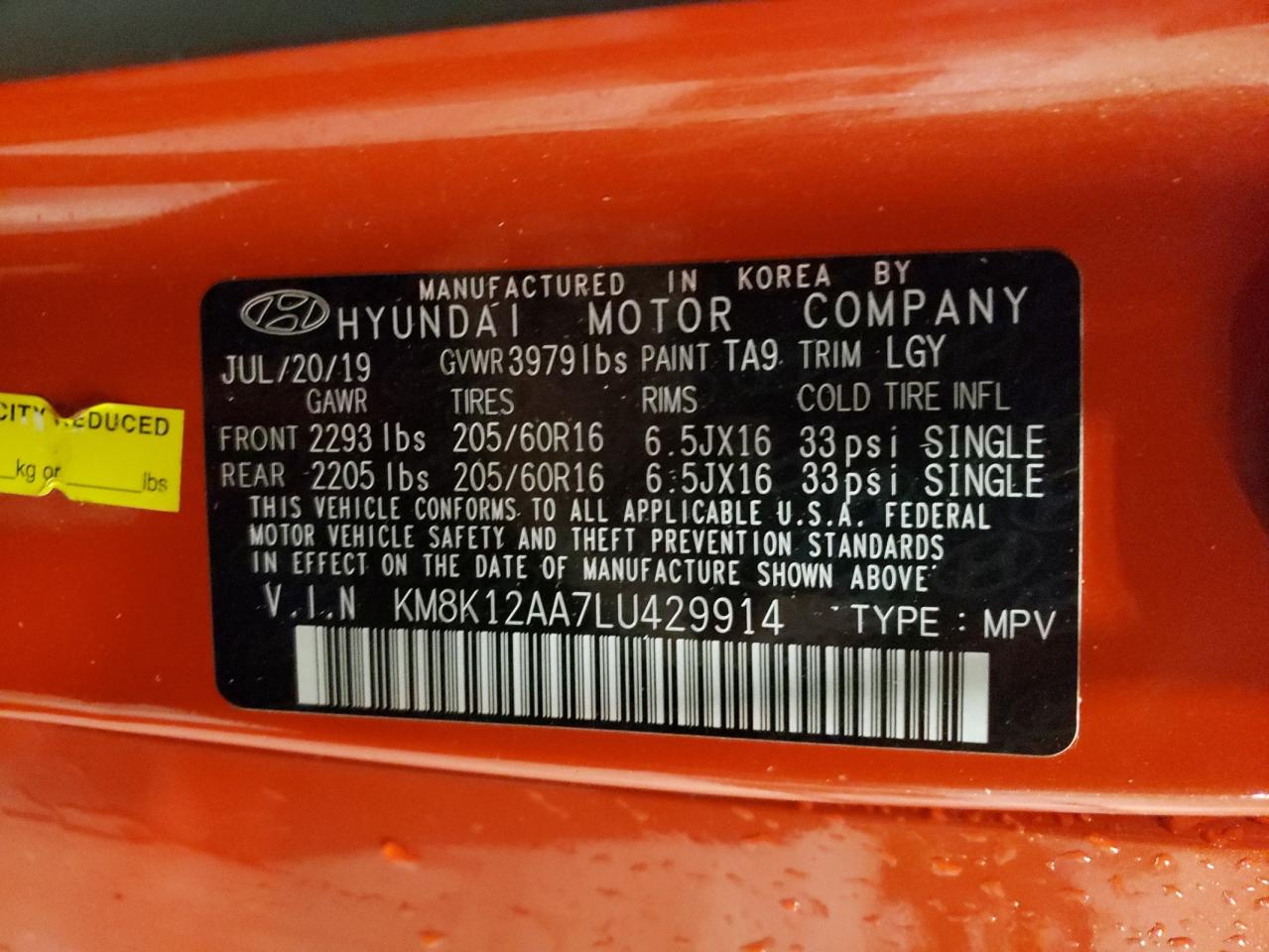 KM8K12AA7LU429914 2020 Hyundai Kona Se