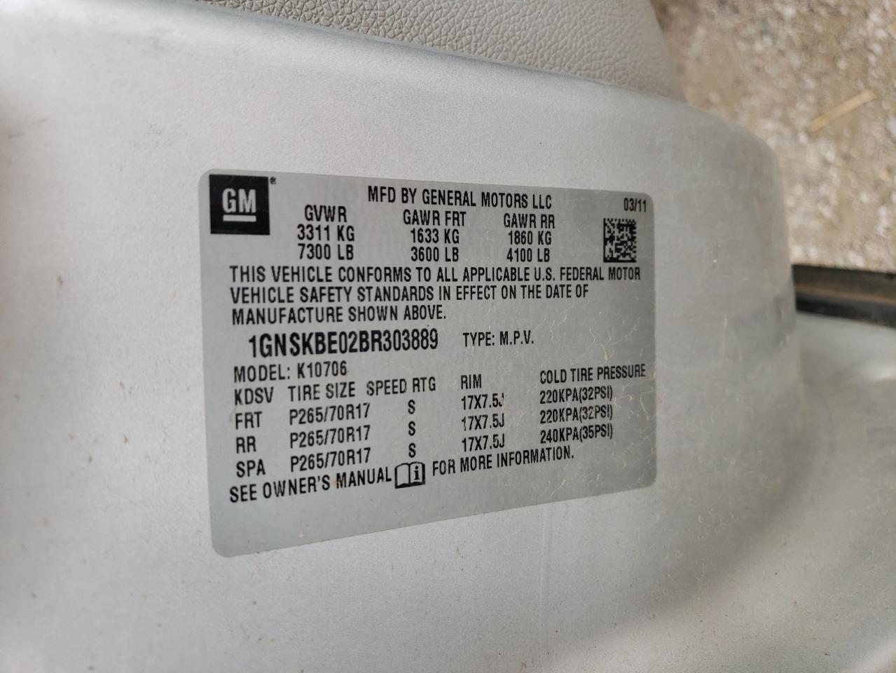 1GNSKBE02BR303889 2011 Chevrolet Tahoe K1500 Lt