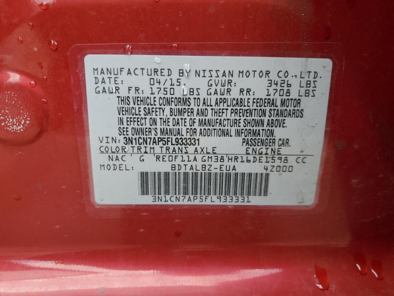 3N1CN7AP5FL933331 2015 Nissan Versa S