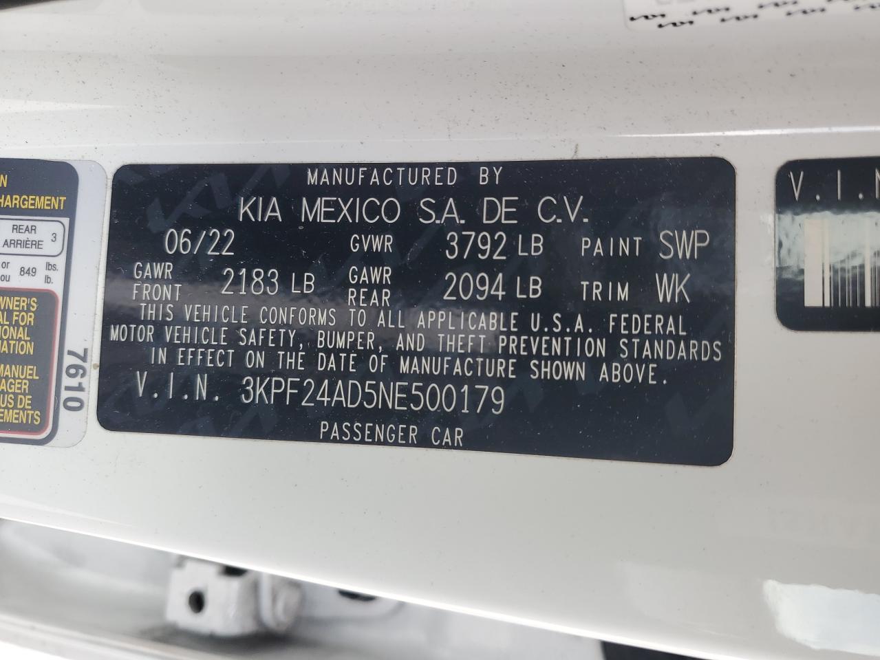 3KPF24AD5NE500179 2022 Kia Forte Fe