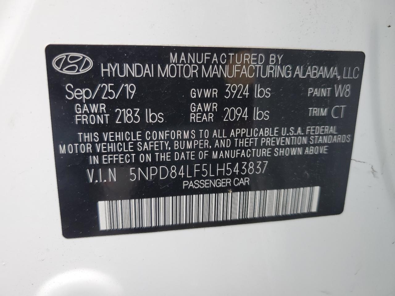 5NPD84LF5LH543837 2020 Hyundai Elantra Sel