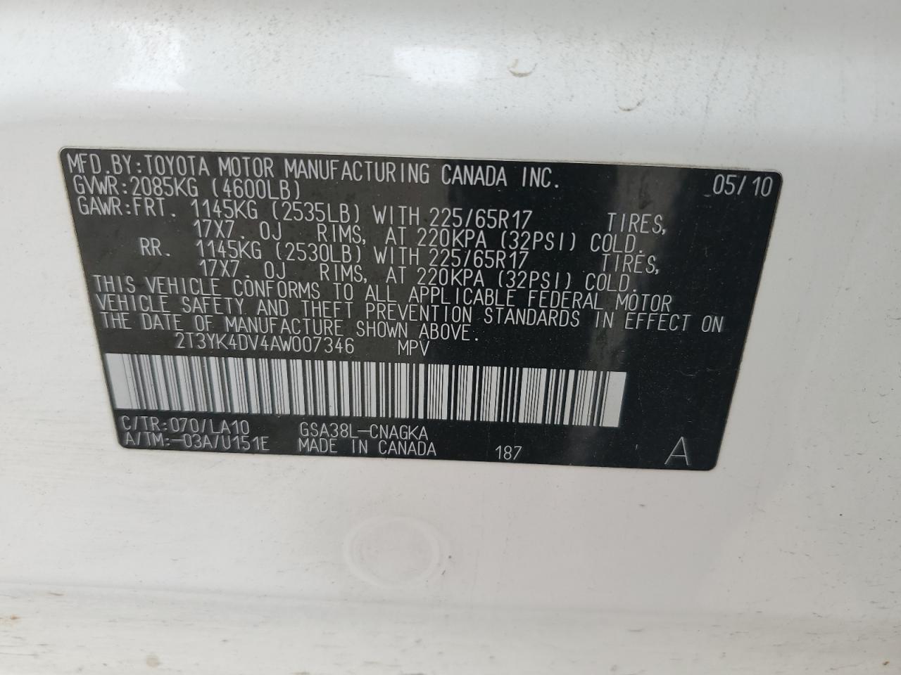 2T3YK4DV4AW007346 2010 Toyota Rav4 Limited