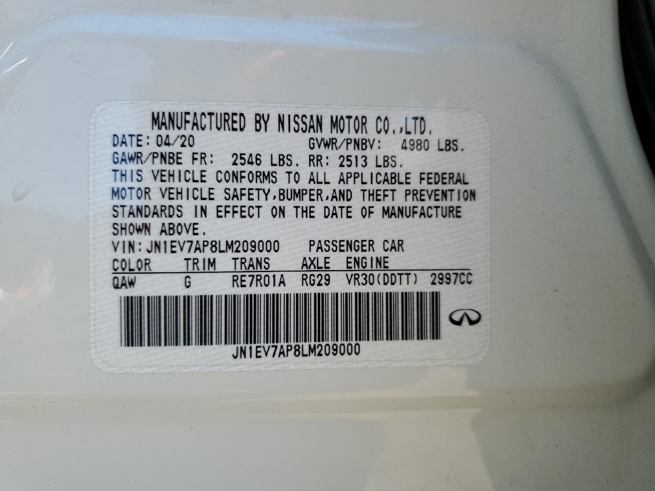 JN1EV7AP8LM209000 2020 Infiniti Q50 Pure