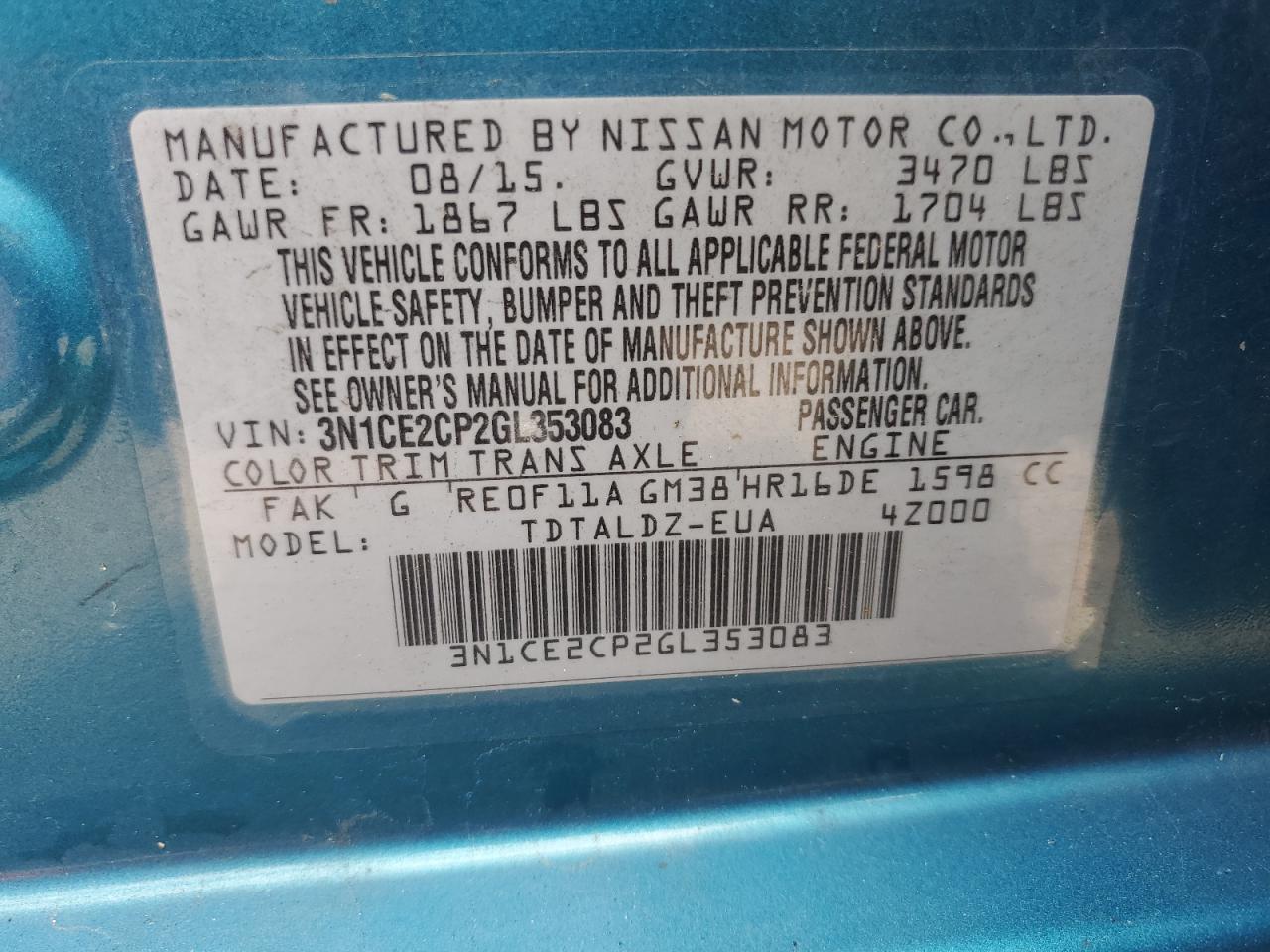 3N1CE2CP2GL353083 2016 Nissan Versa Note S