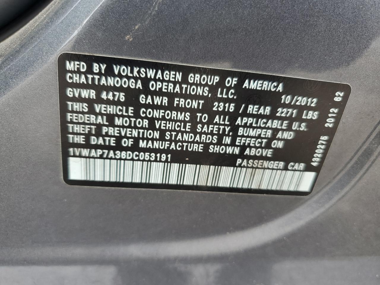 1VWAP7A36DC053191 2013 Volkswagen Passat S