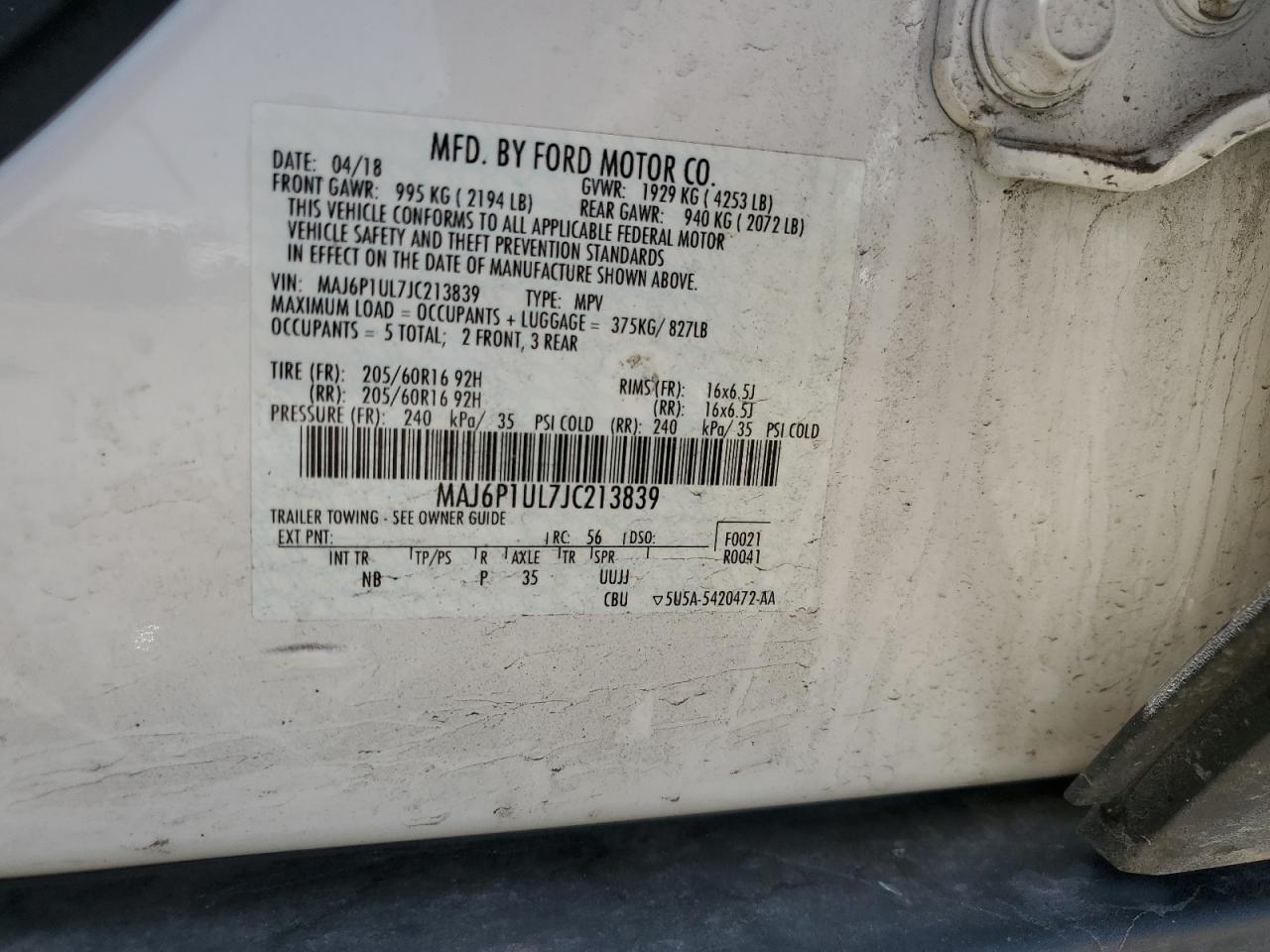 MAJ6P1UL7JC213839 2018 Ford Ecosport Se