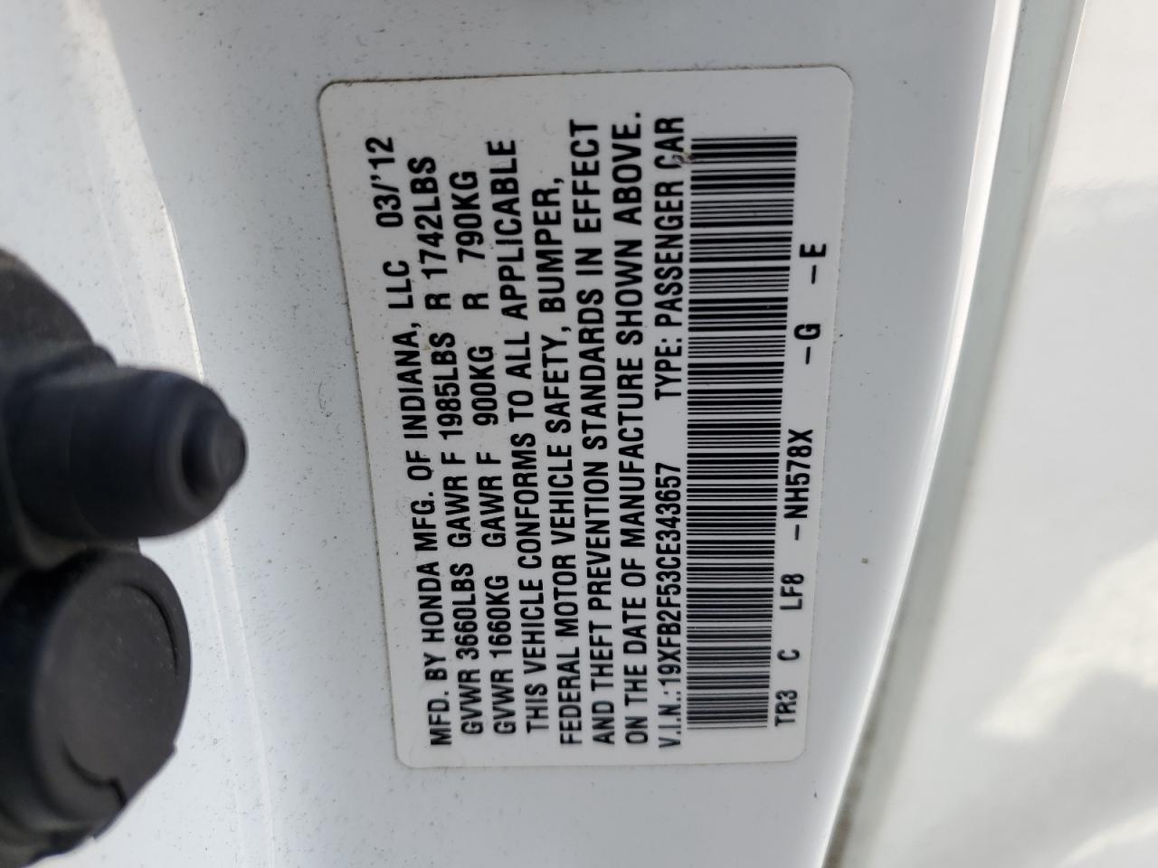 19XFB2F53CE343657 2012 Honda Civic Lx