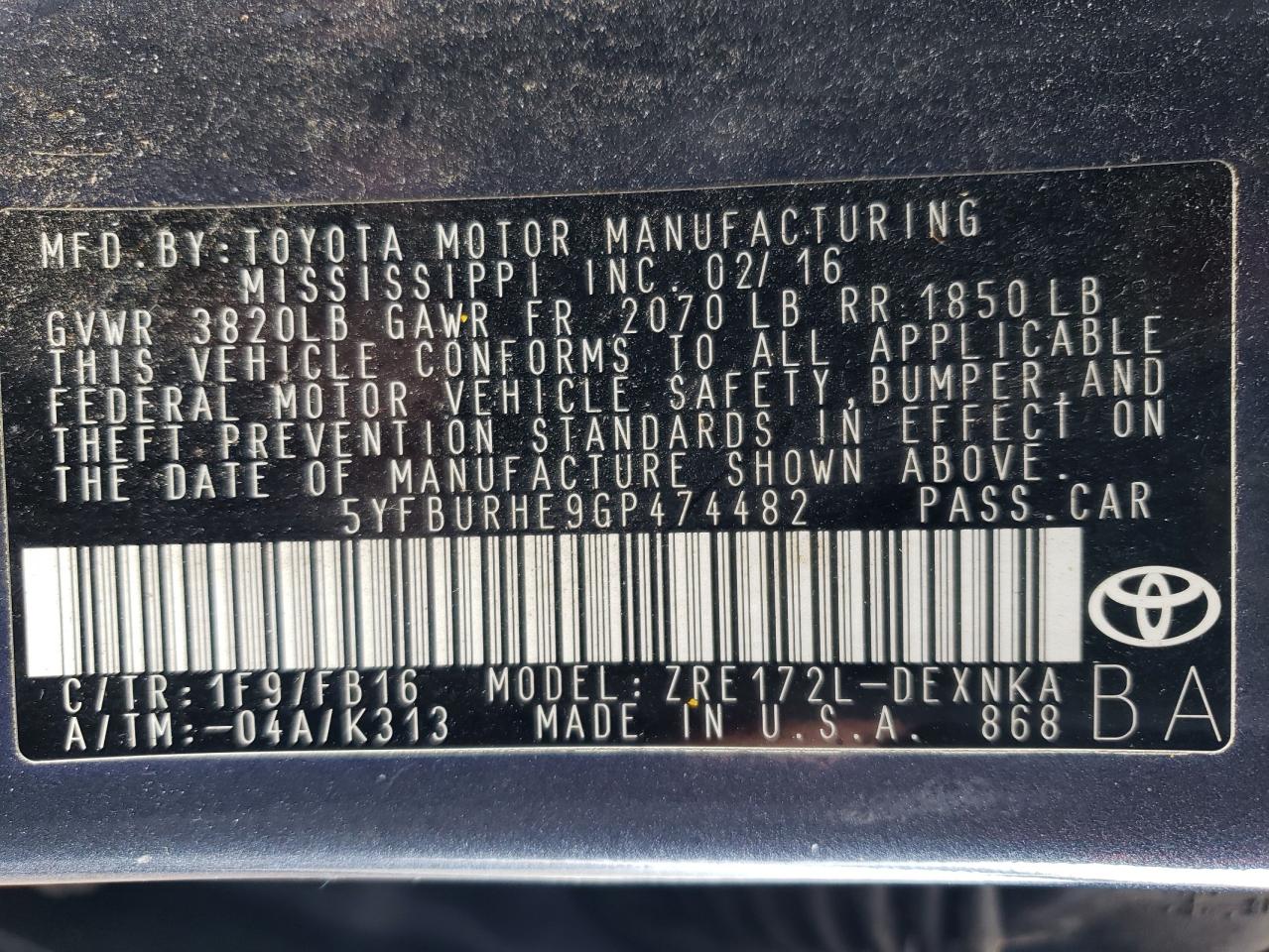 5YFBURHE9GP474482 2016 Toyota Corolla L