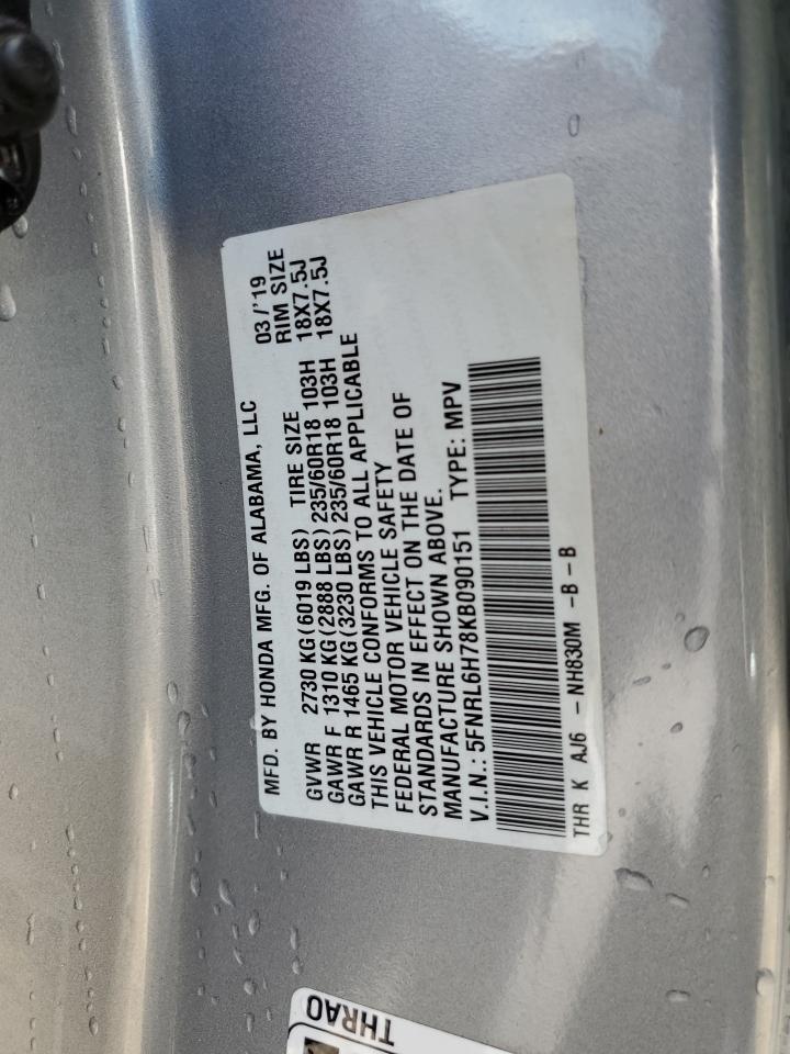 5FNRL6H78KB090151 2019 Honda Odyssey Exl