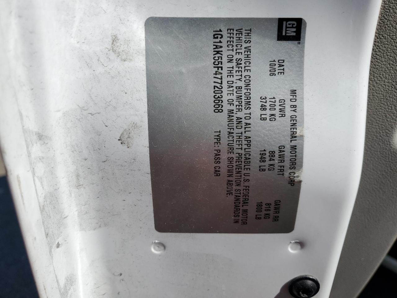 1G1AK55F477203668 2007 Chevrolet Cobalt Ls