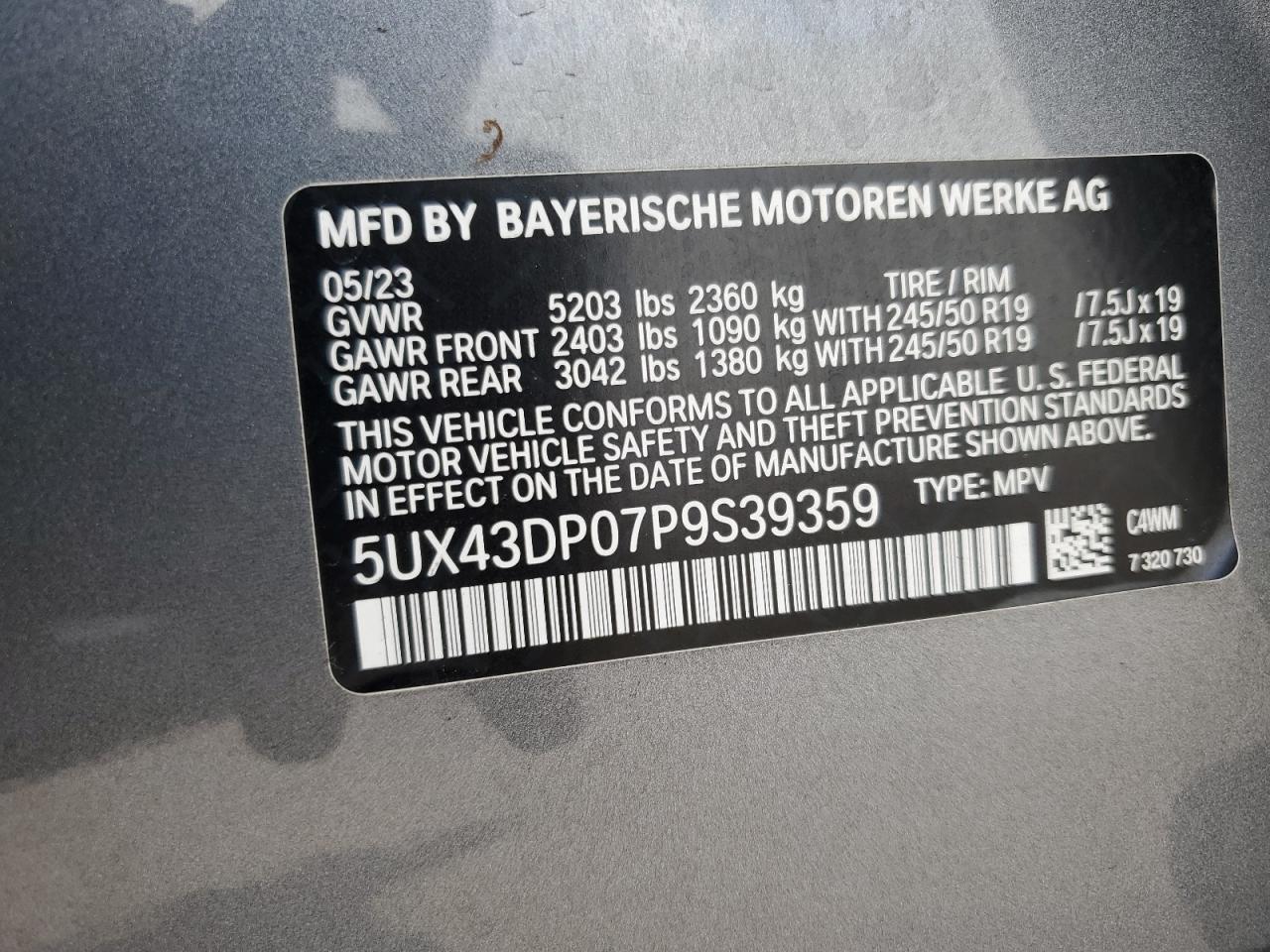 5UX43DP07P9S39359 2023 BMW X3 Sdrive30I