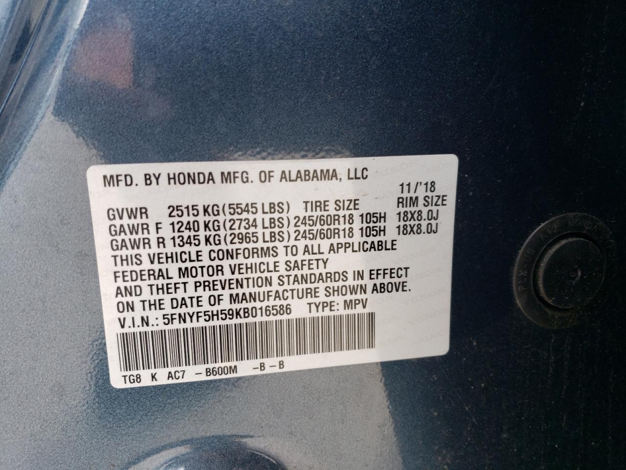 5FNYF5H59KB016586 2019 Honda Pilot Exl