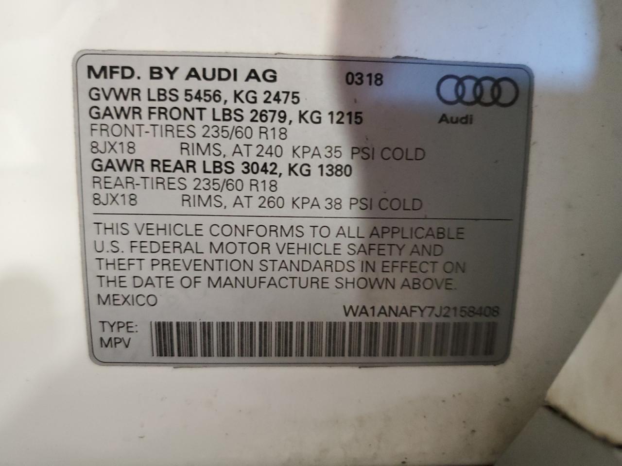 WA1ANAFY7J2158408 2018 Audi Q5 Premium