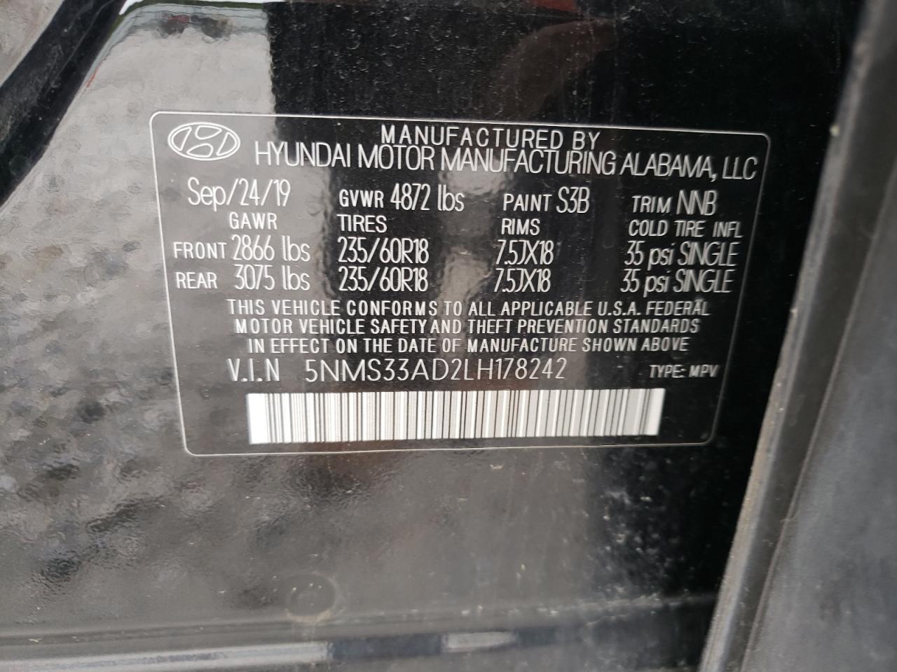 5NMS33AD2LH178242 2020 Hyundai Santa Fe Sel