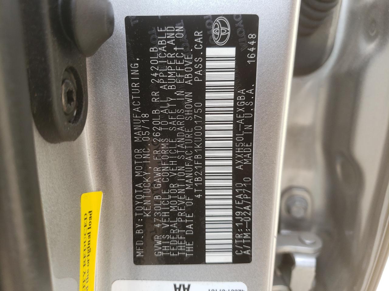 4T1B21FB1KU001750 2019 Toyota Avalon Xle