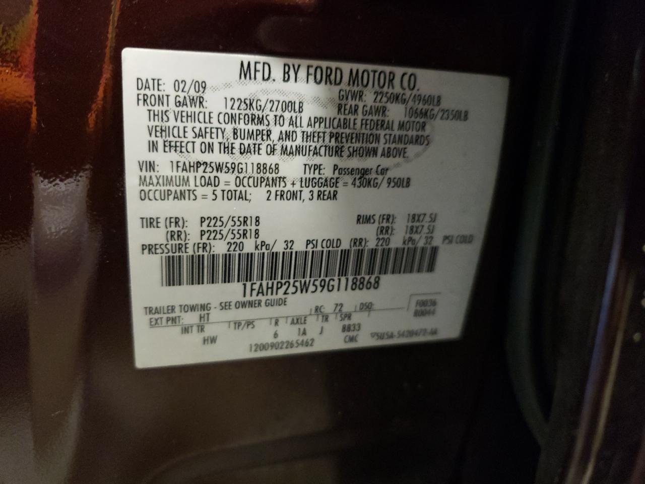 1FAHP25W59G118868 2009 Ford Taurus Limited