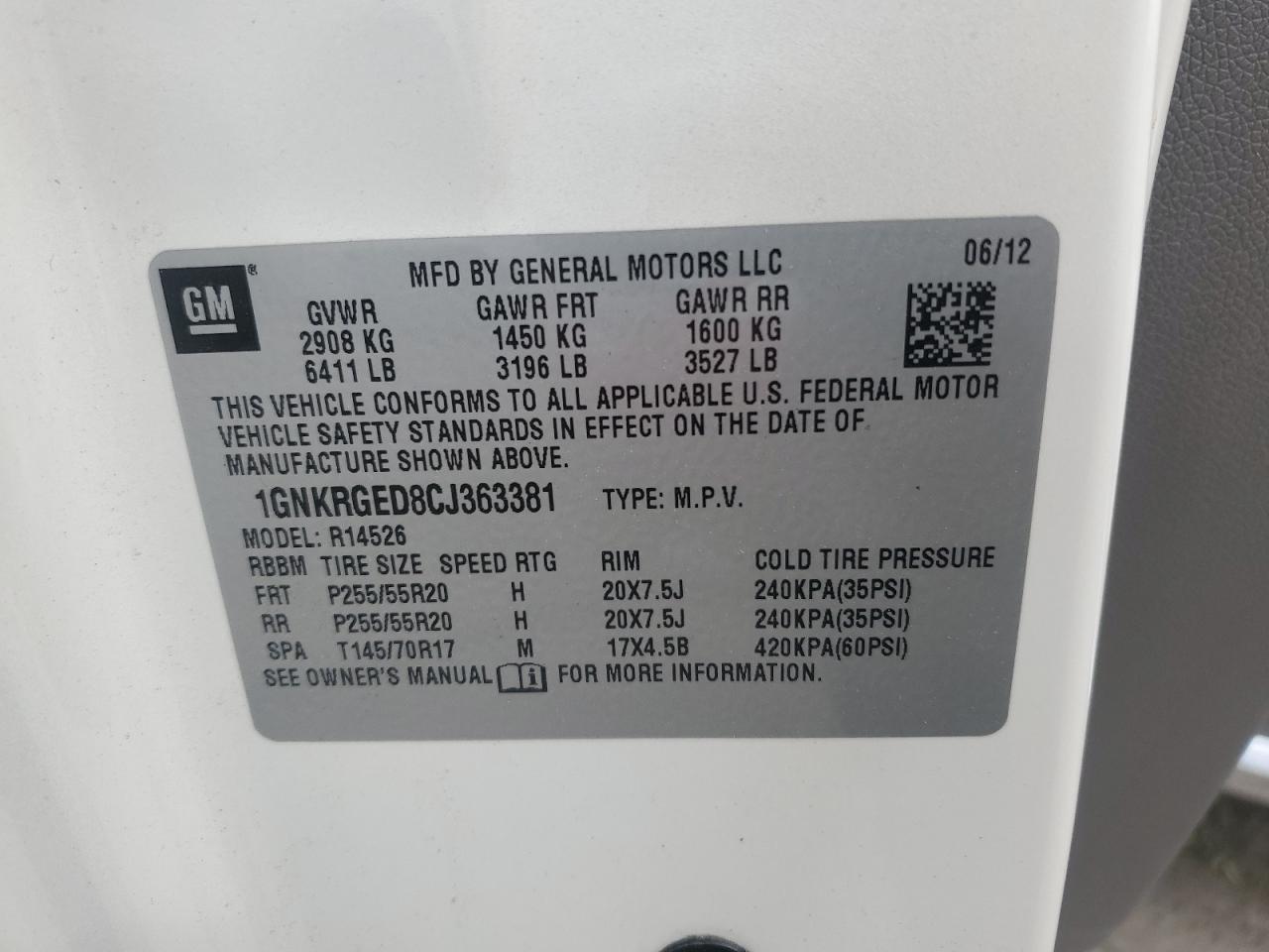 1GNKRGED8CJ363381 2012 Chevrolet Traverse Lt