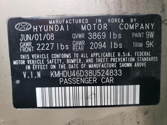 2008 Hyundai Elantra Gls VIN: KMHDU46D38U524833 Lot: 54875634