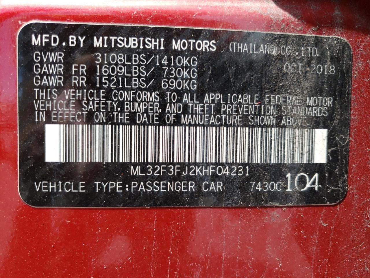 ML32F3FJ2KHF04231 2019 Mitsubishi Mirage G4 Es