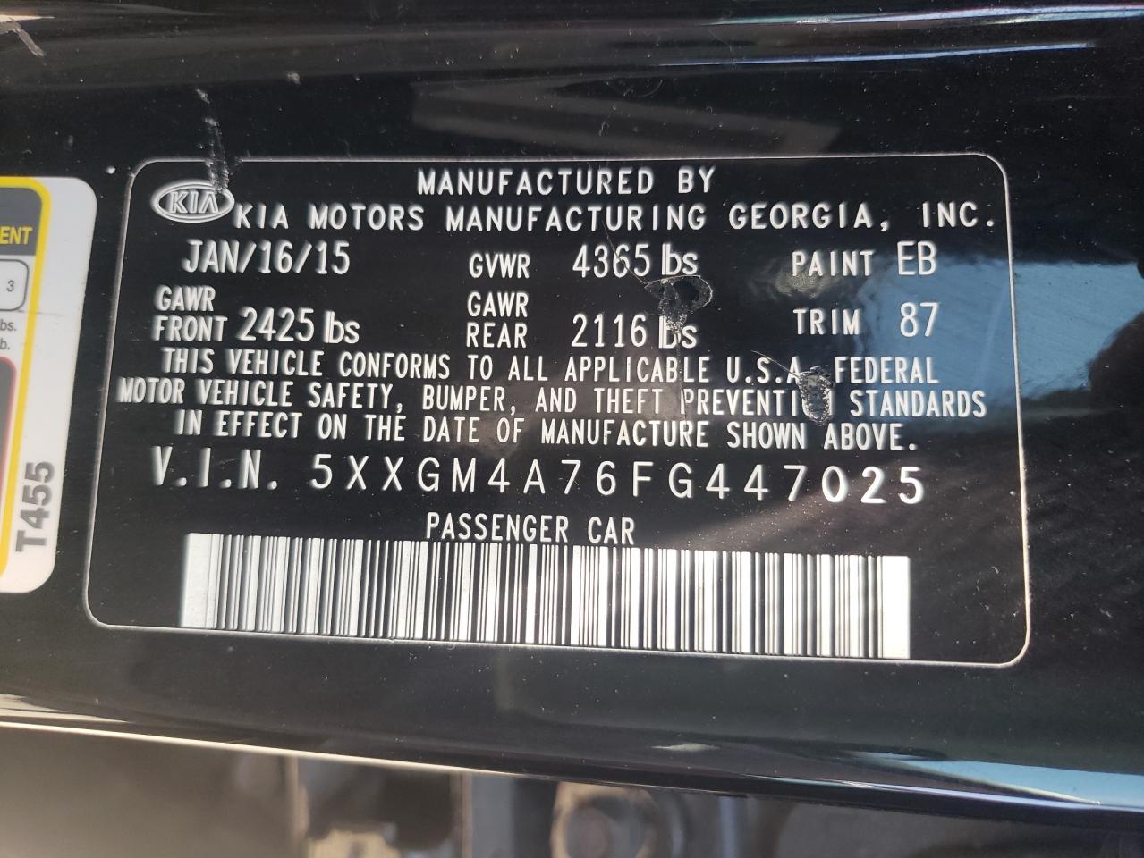 5XXGM4A76FG447025 2015 Kia Optima Lx