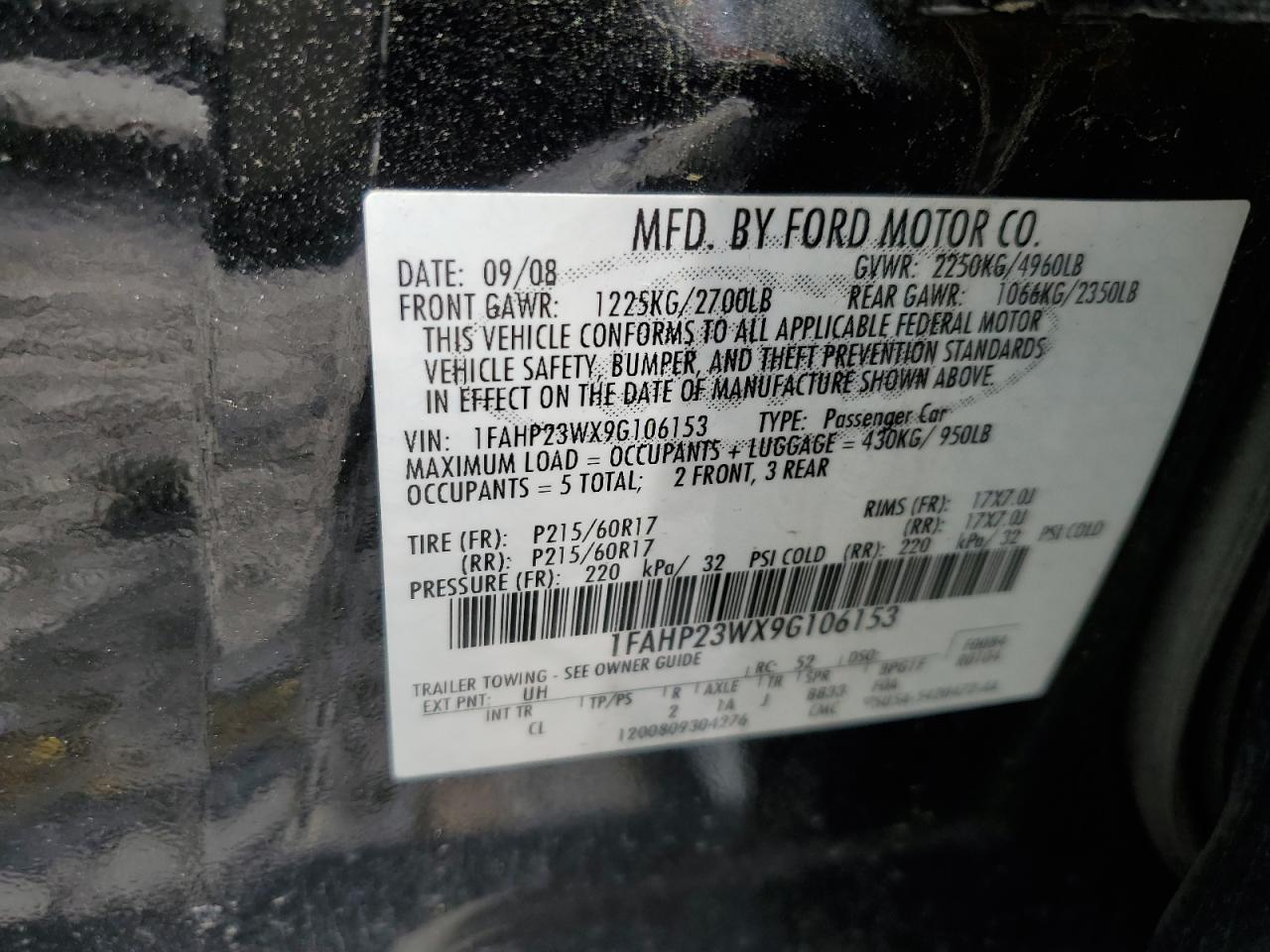 1FAHP23WX9G106153 2009 Ford Taurus Se