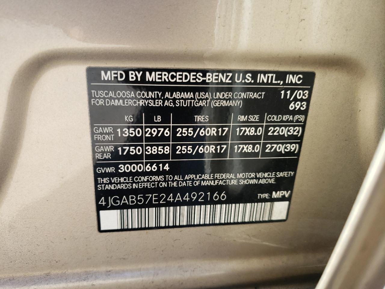 4JGAB57E24A492166 2004 Mercedes-Benz Ml 350