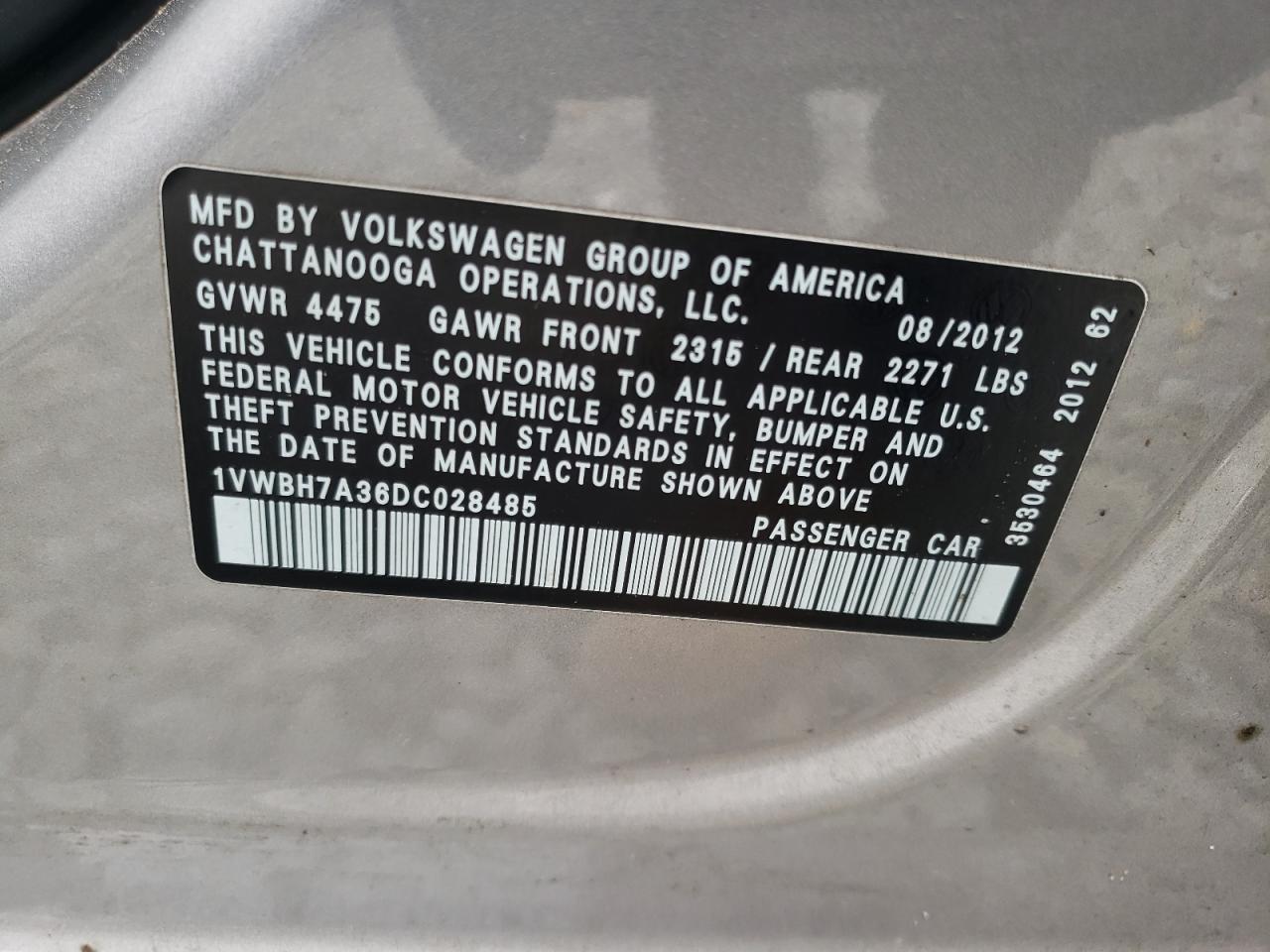 1VWBH7A36DC028485 2013 Volkswagen Passat Se