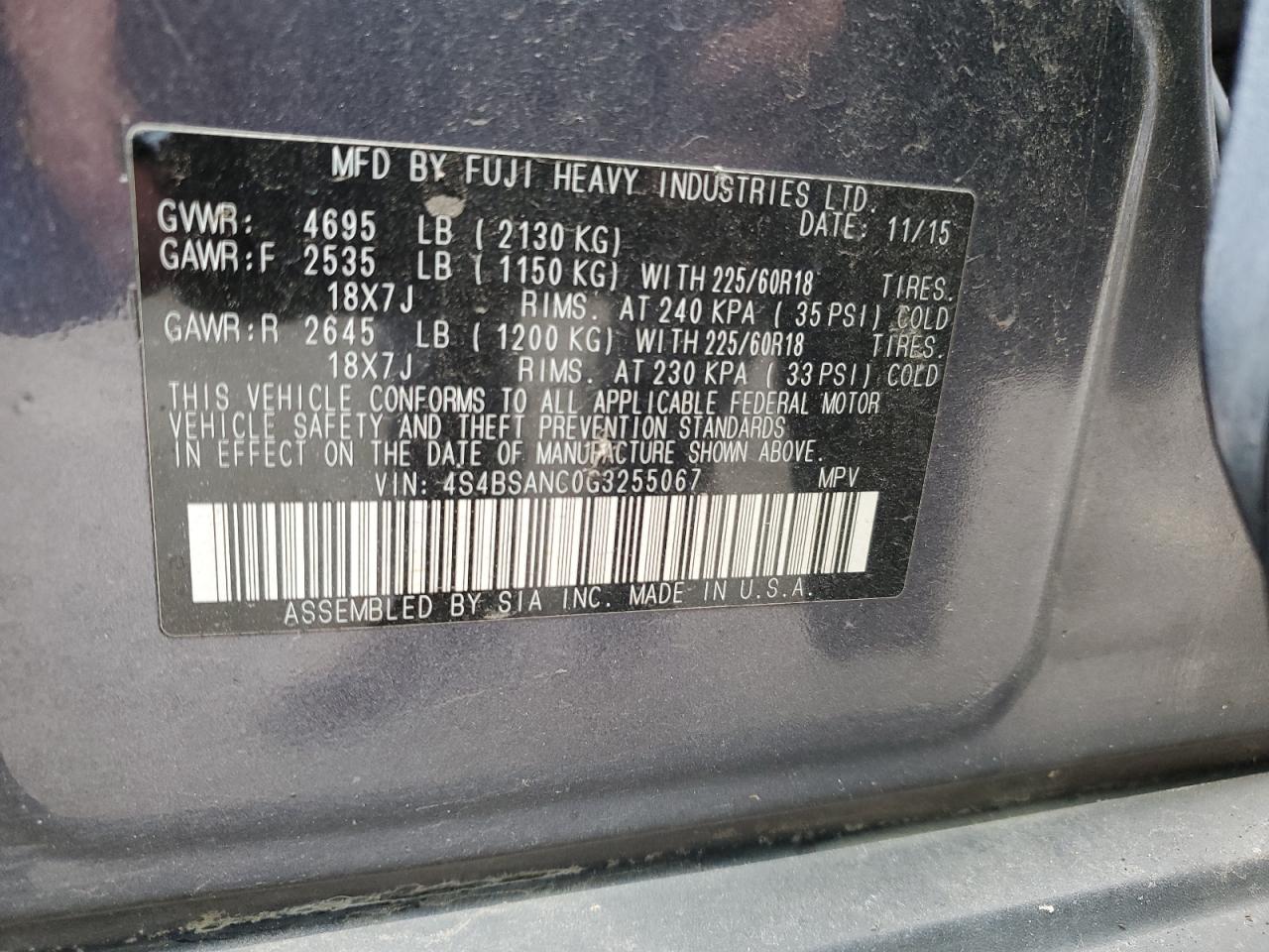 4S4BSANC0G3255067 2016 Subaru Outback 2.5I Limited