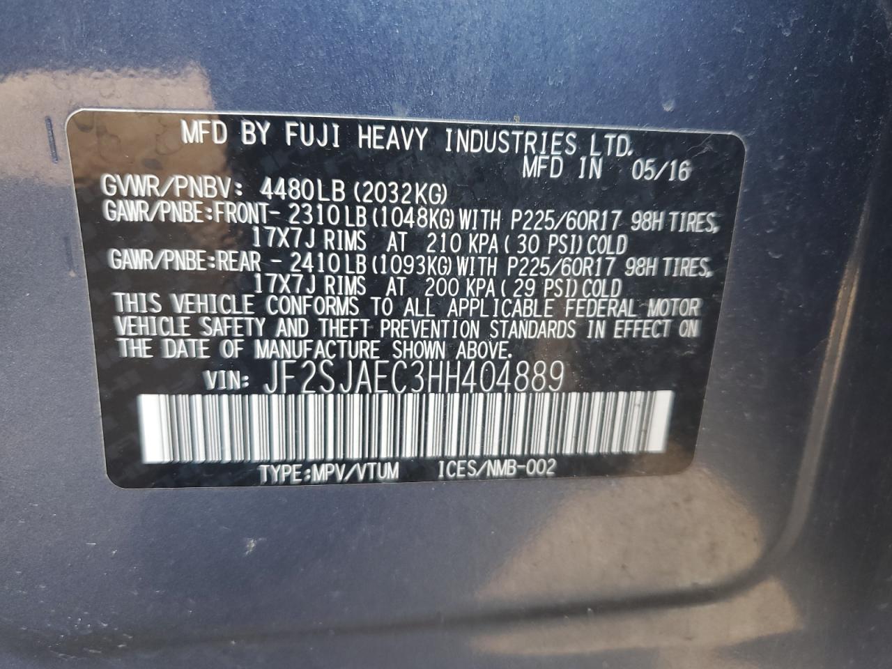 JF2SJAEC3HH404889 2017 Subaru Forester 2.5I Premium