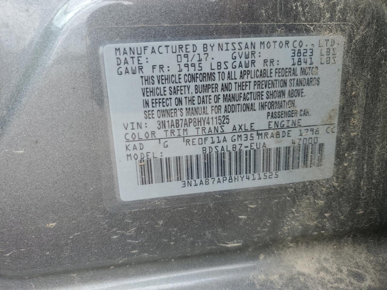 3N1AB7AP8HY411525 2017 Nissan Sentra S