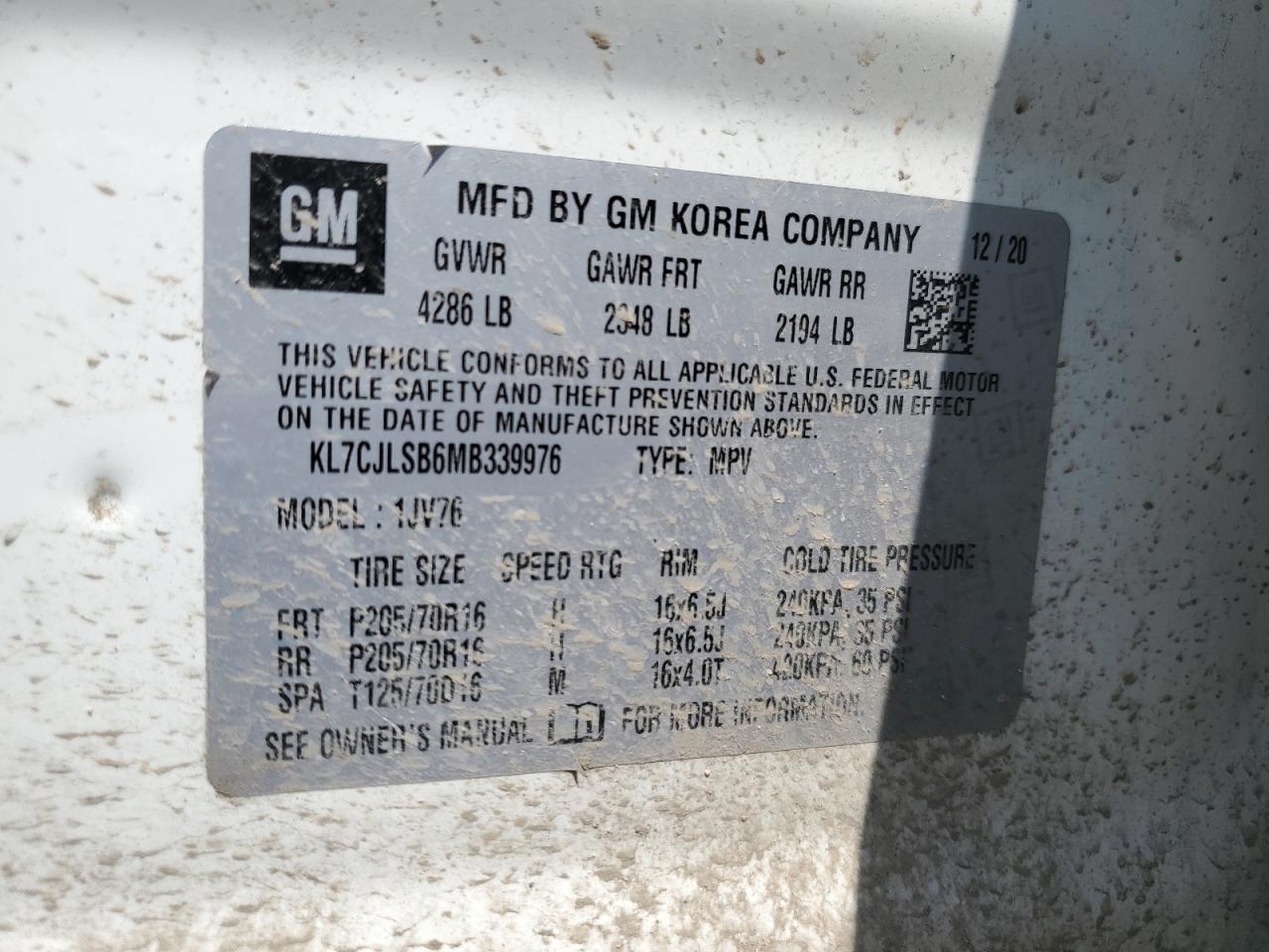 KL7CJLSB6MB339976 2021 Chevrolet Trax 1Lt