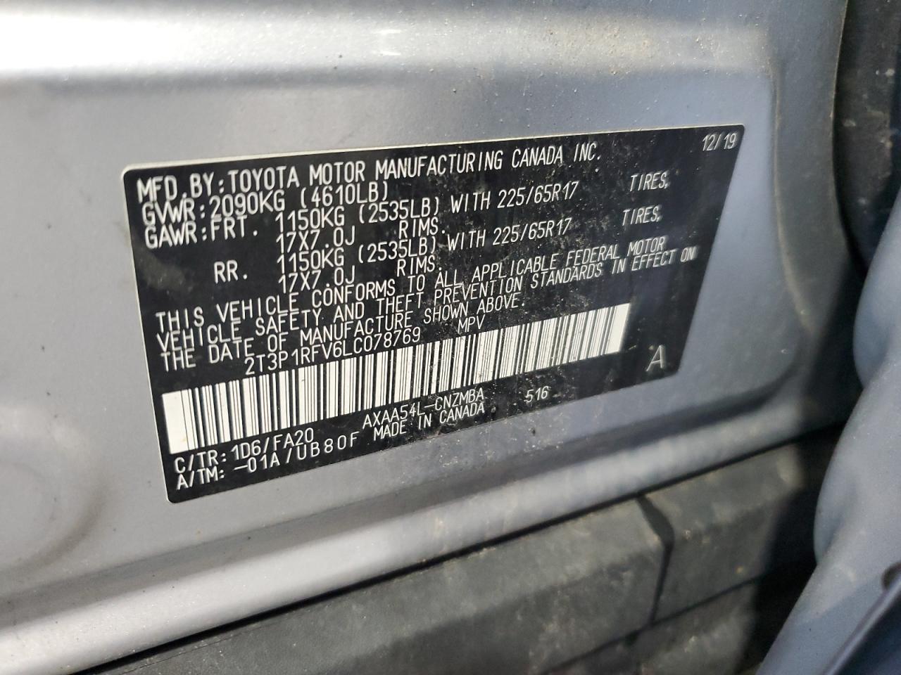 2T3P1RFV6LC078769 2020 Toyota Rav4 Xle