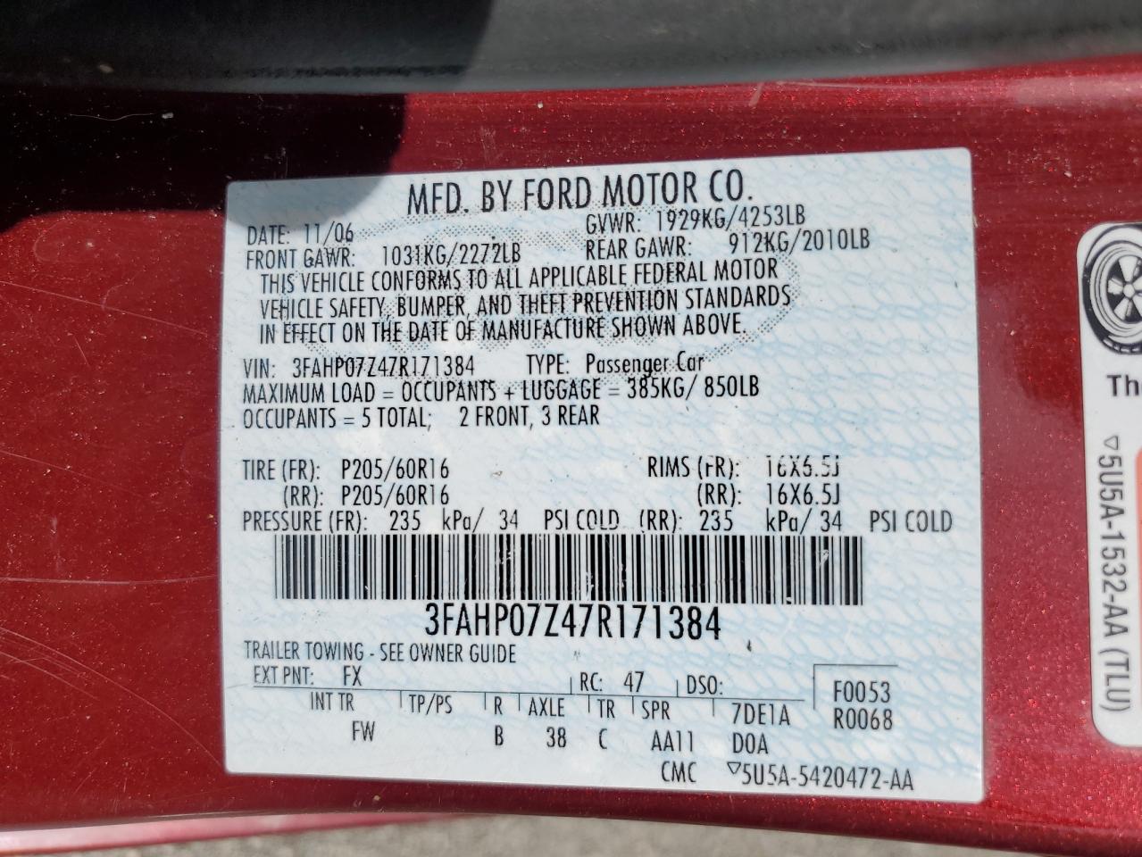 3FAHP07Z47R171384 2007 Ford Fusion Se