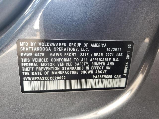 2012 Volkswagen Passat S VIN: 1VWAP7A3XCC020922 Lot: 54072344